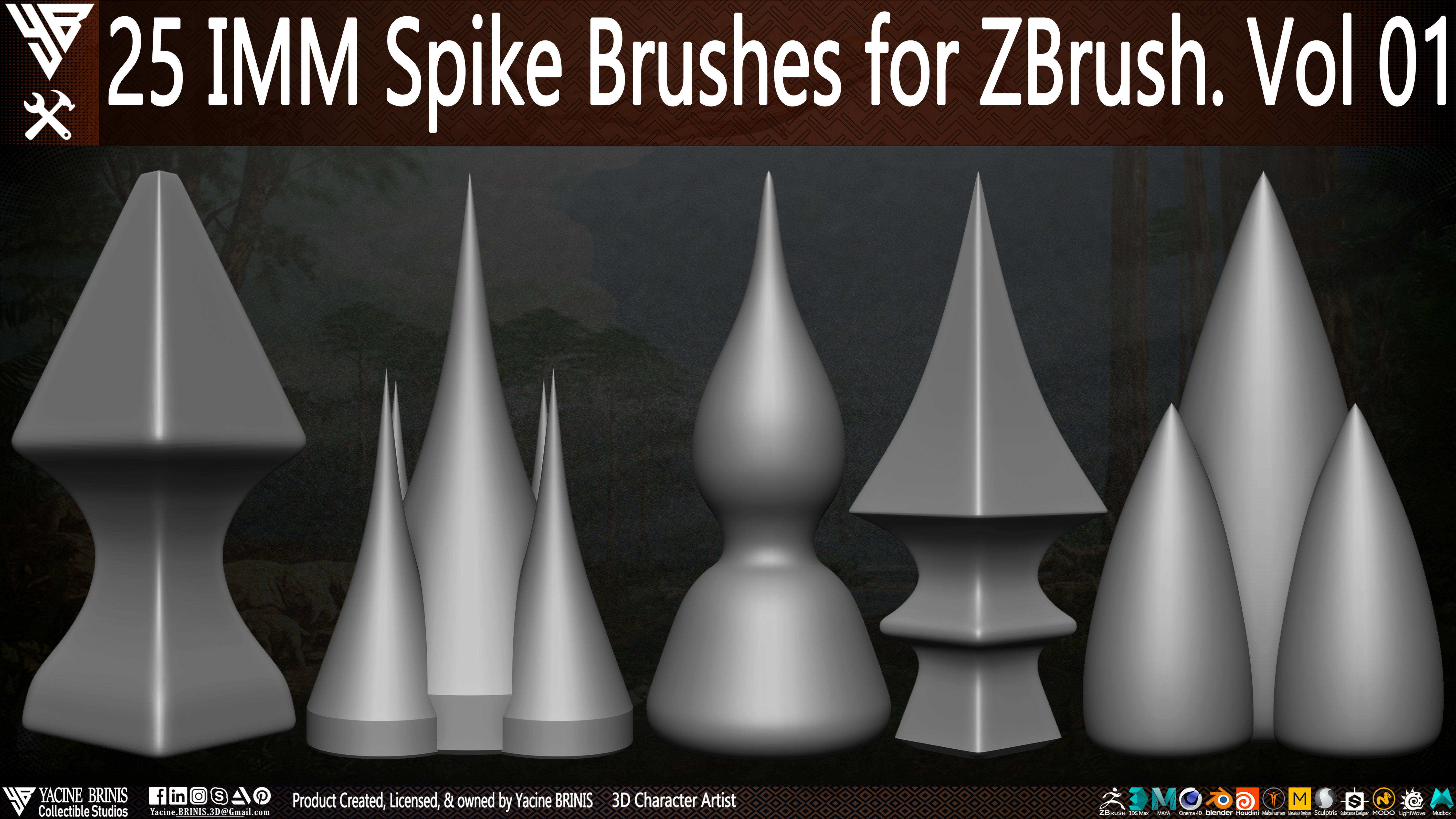 25 IMM Spike Brushes for ZBrush Vol 01 Low-poly 3D model_3