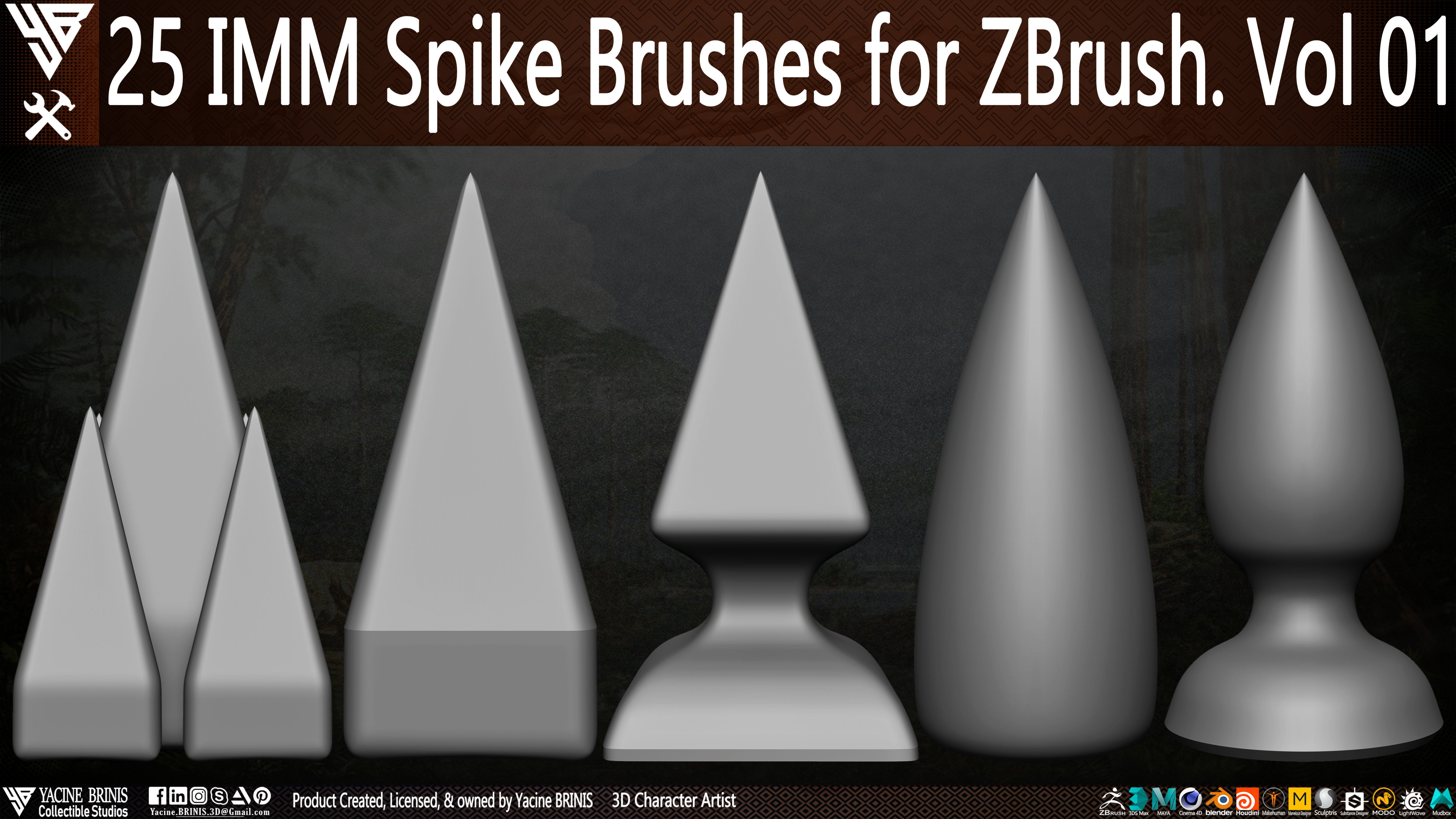 25 IMM Spike Brushes for ZBrush Vol 01 Low-poly 3D model_2