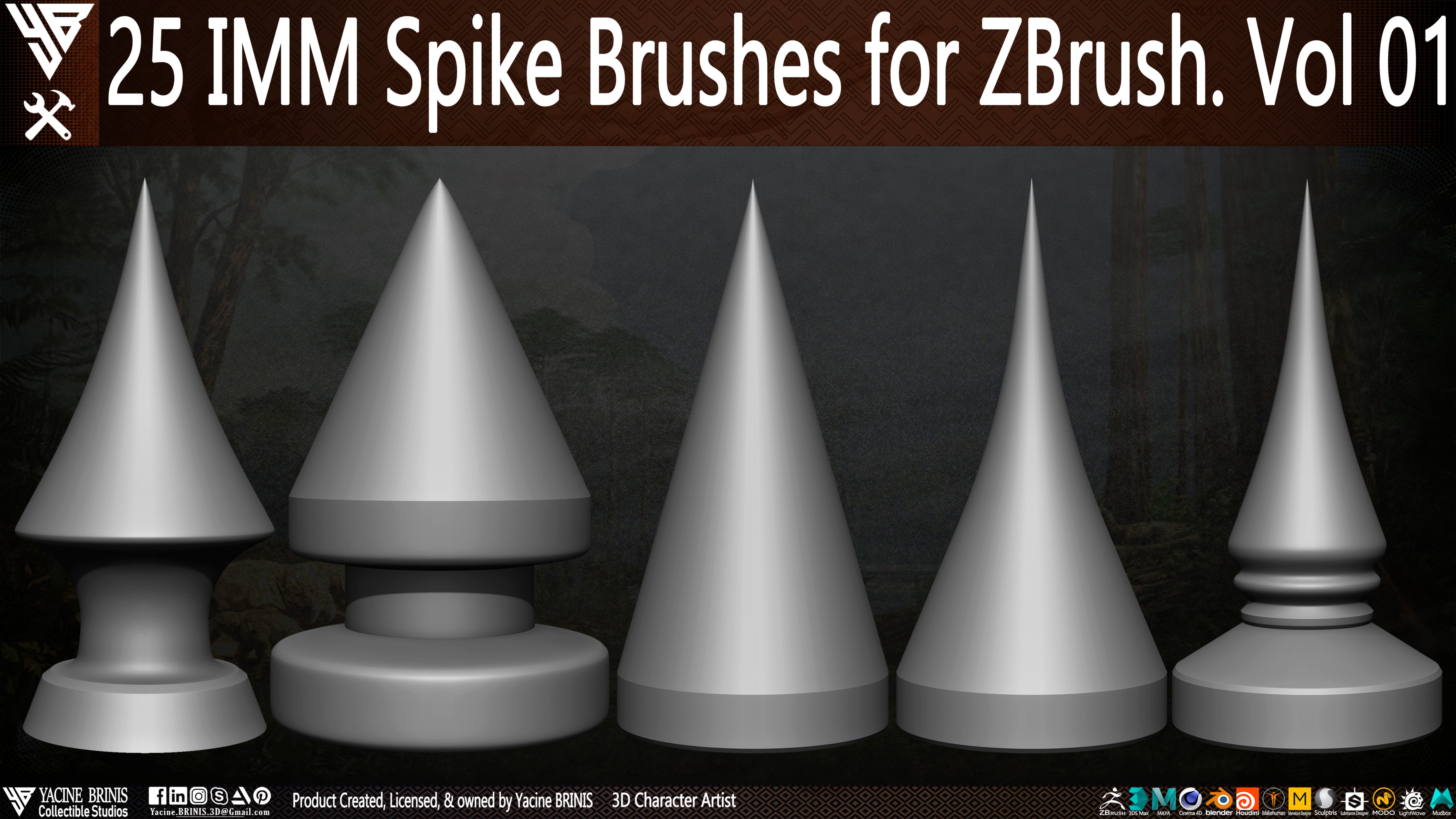 25 IMM Spike Brushes for ZBrush Vol 01 Low-poly 3D model_1