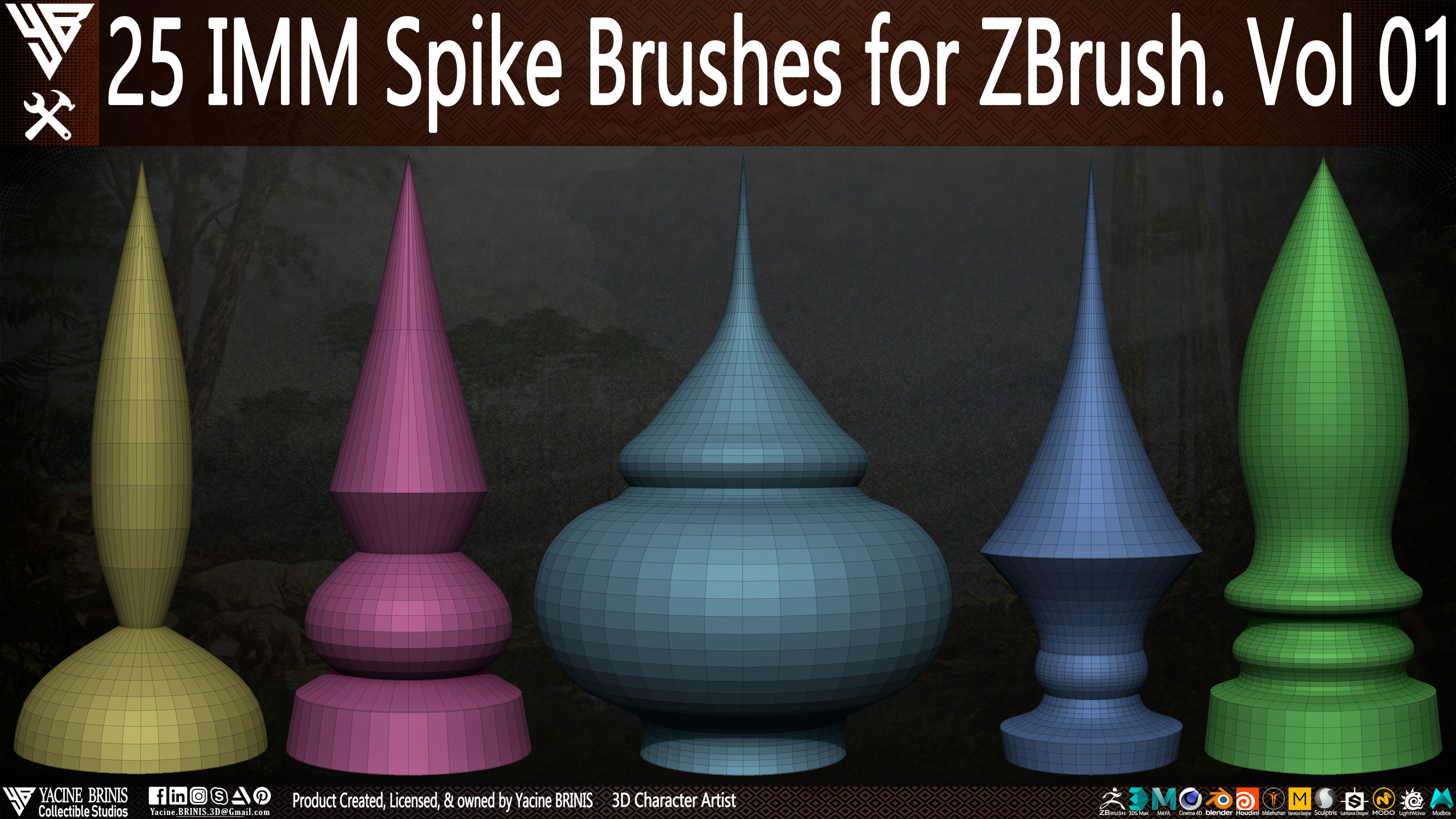 25 IMM Spike Brushes for ZBrush Vol 01 Low-poly 3D model_10