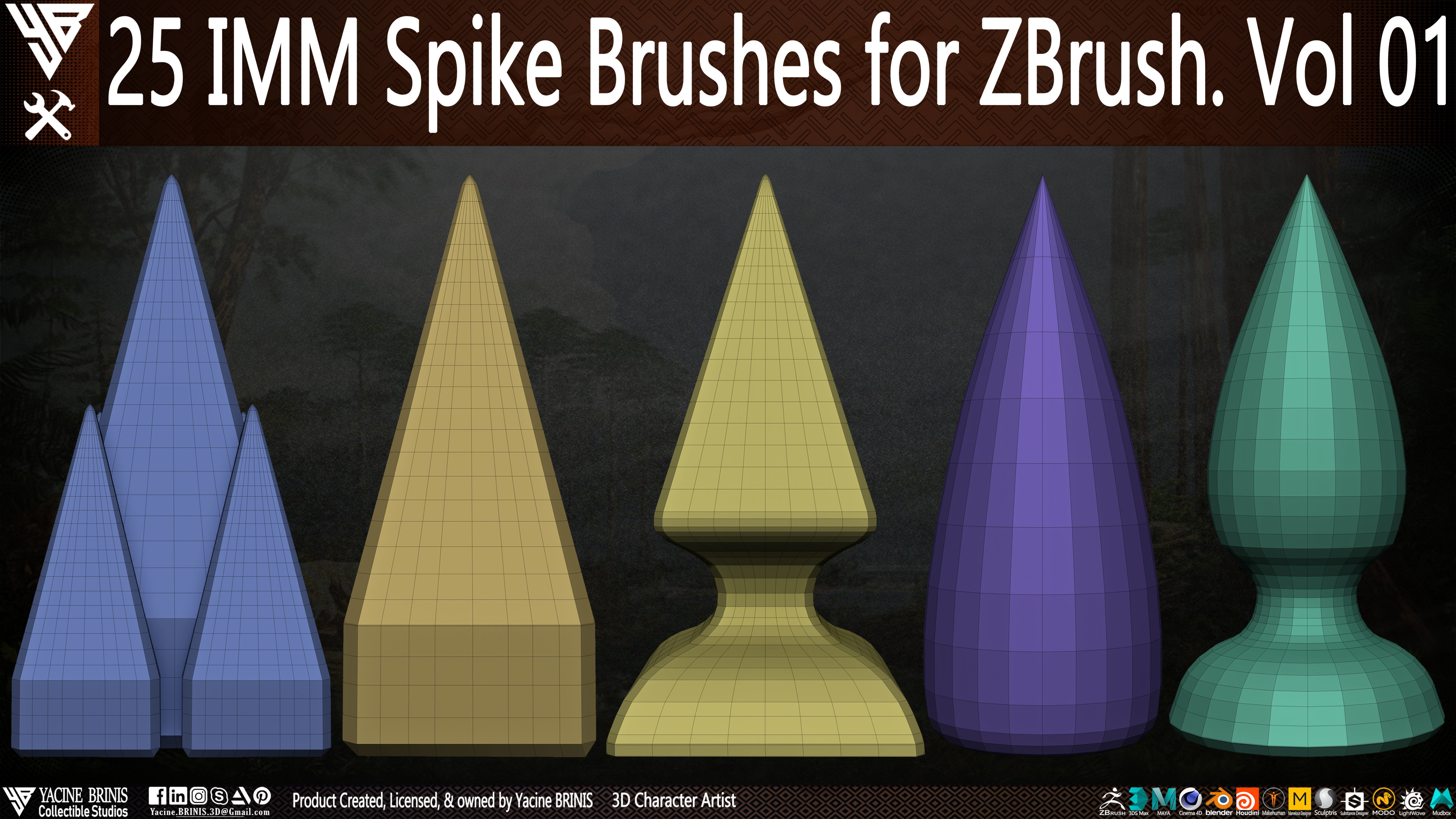 25 IMM Spike Brushes for ZBrush Vol 01 Low-poly 3D model_7