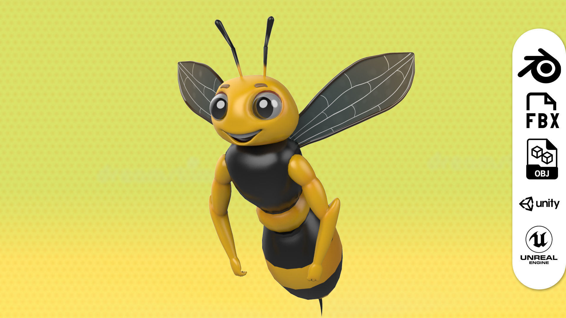 Cute Bee Character 3D model with Animation Low-poly 3D model_2