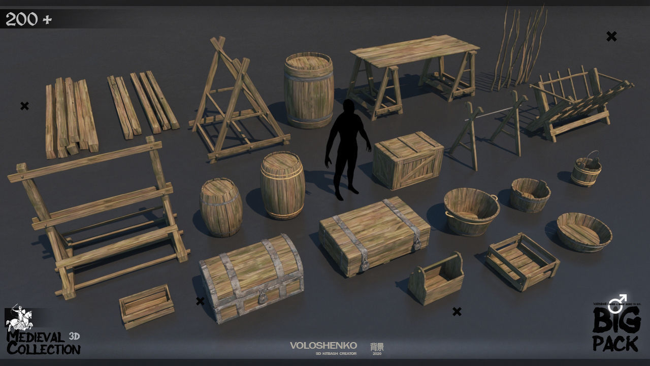 Medieval Collection 3D Model set of wooden furniture 3D model_3