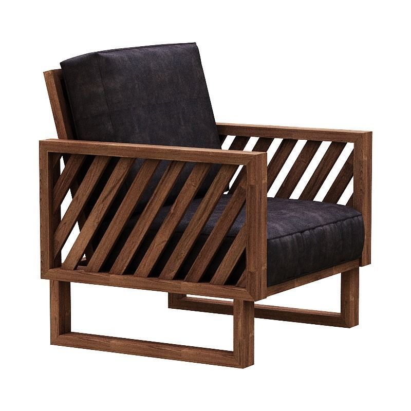 Armchair leather chair with wooden frame Low-poly 3D model_2