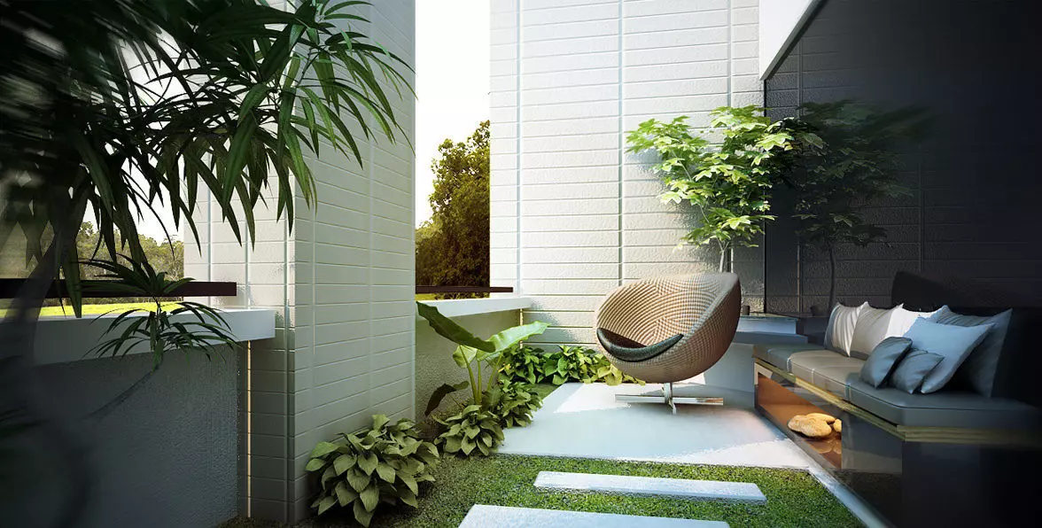 Cafeteria balcony with plants and chair 3D model_0