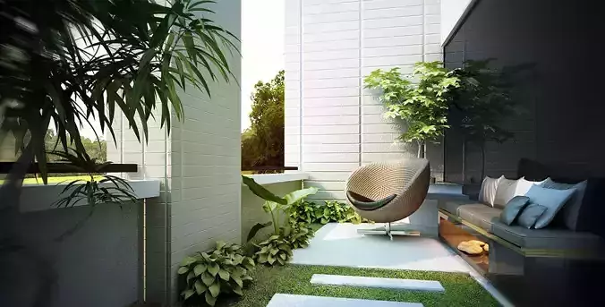Cafeteria balcony with plants and chair 3D model