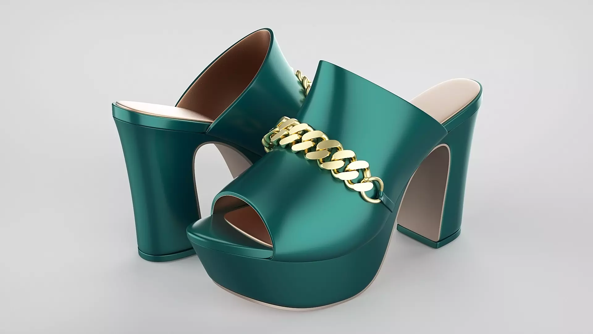 Open Toe Block Heel Platform Sandals with Chain Link 3D model