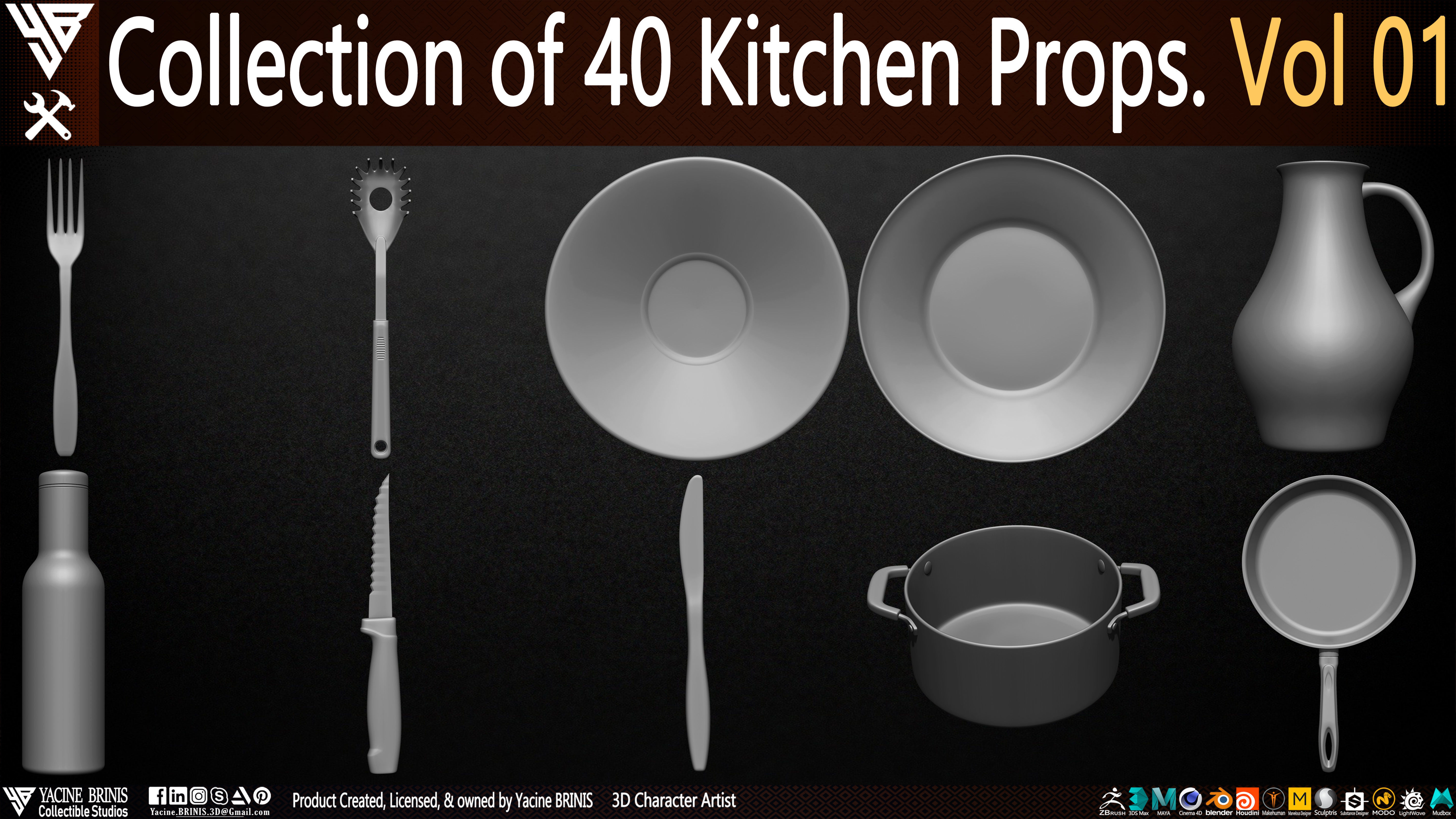 Collection of 40 Kitchen Prop Dishes Vol 01 Low-poly 3D model_4
