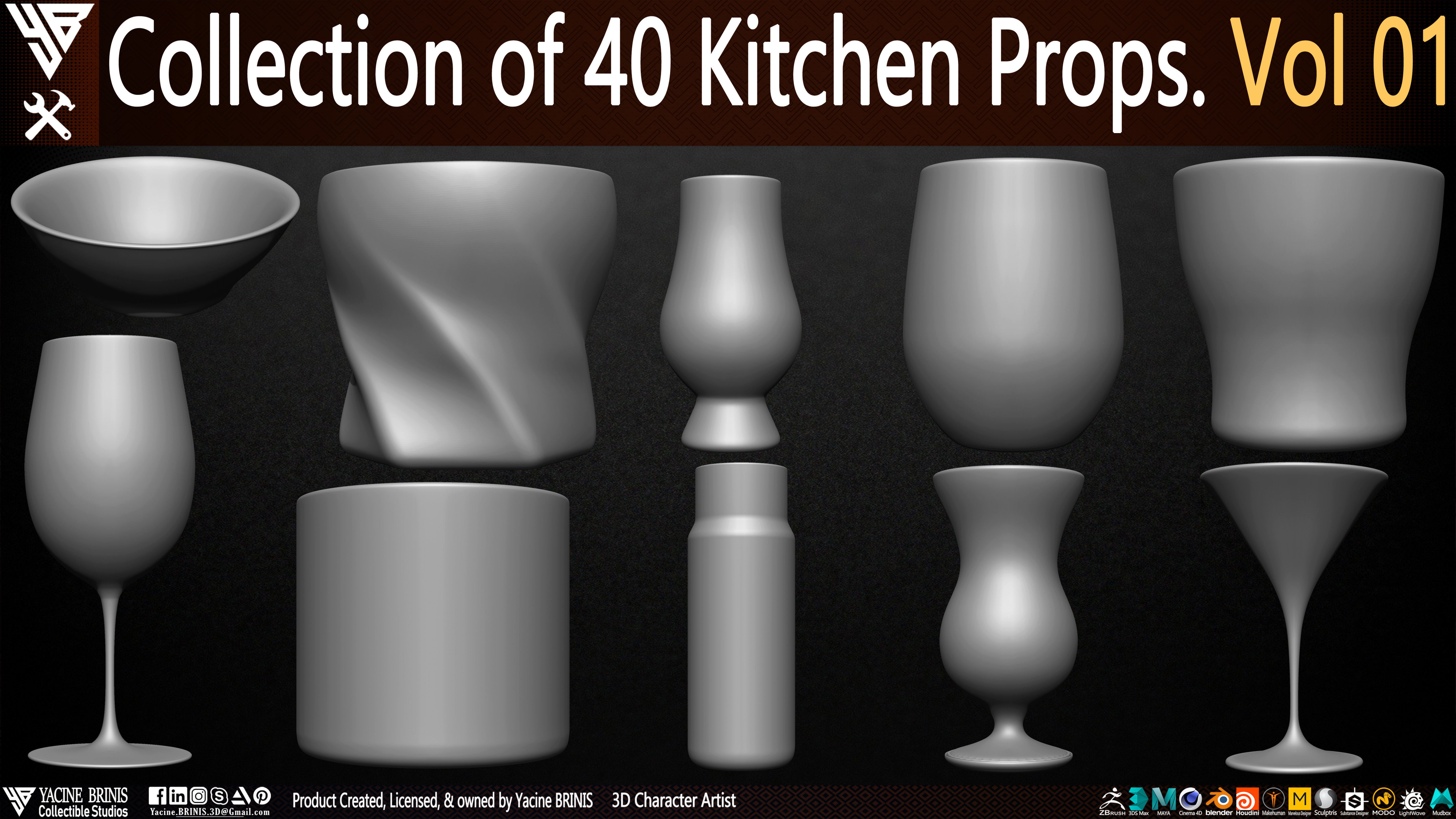 Collection of 40 Kitchen Prop Dishes Vol 01 Low-poly 3D model_2
