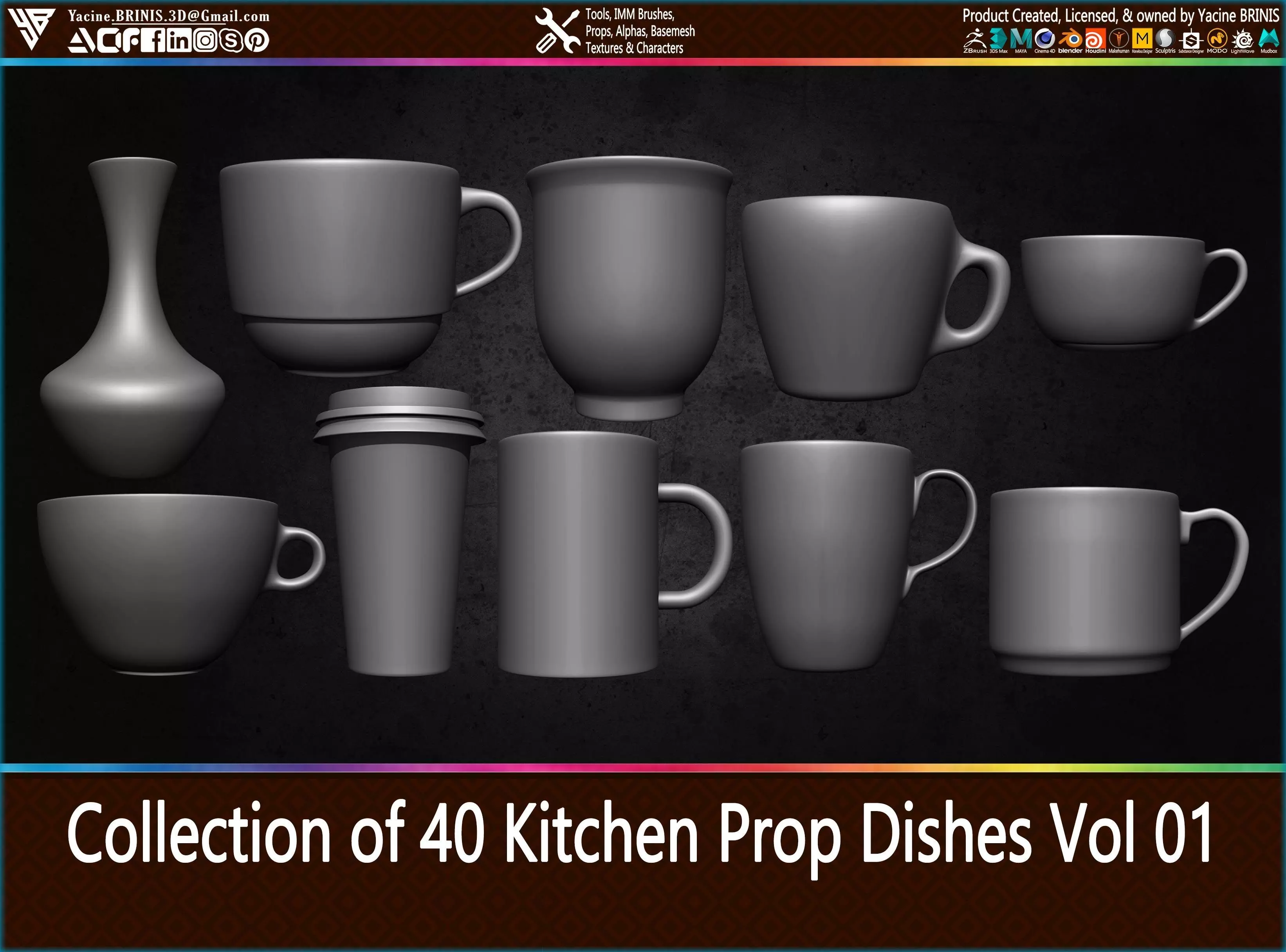 Collection of 40 Kitchen Prop Dishes Vol 01 Low-poly 3D model_0