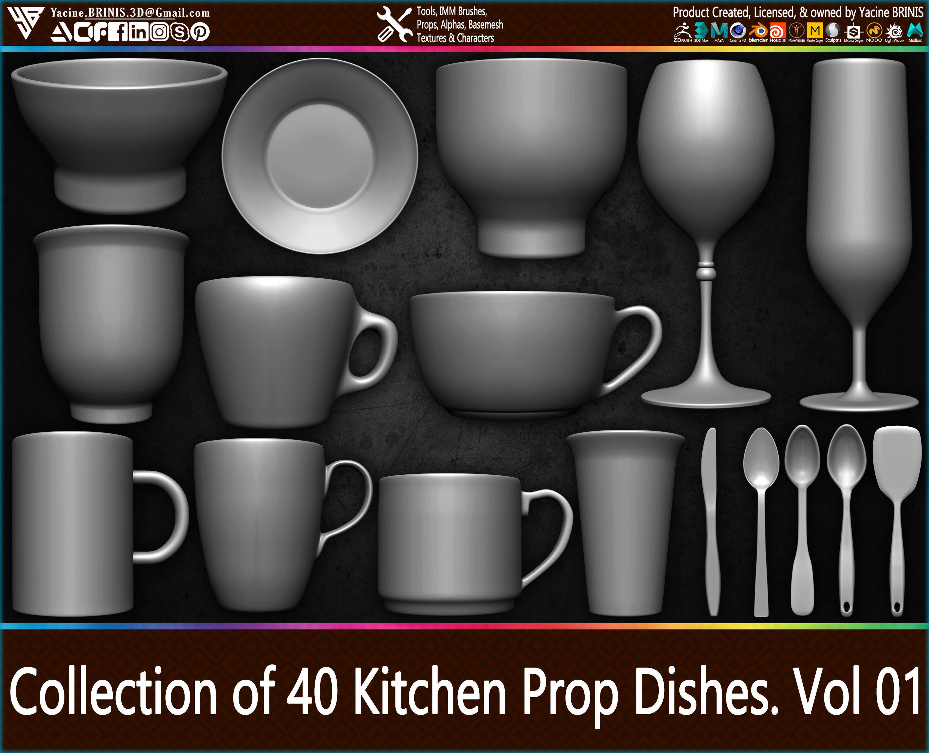 Collection of 40 Kitchen Prop Dishes Vol 01 Low-poly 3D model_5