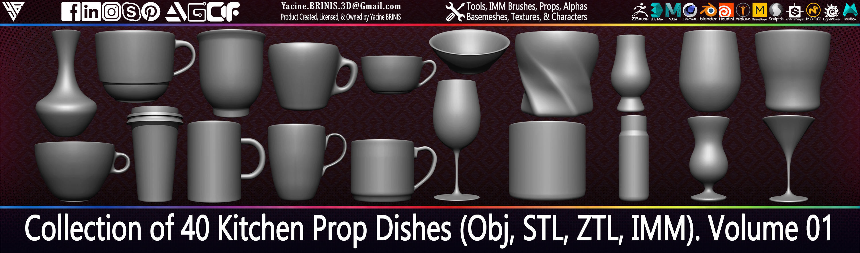 Collection of 40 Kitchen Prop Dishes Vol 01 Low-poly 3D model_6