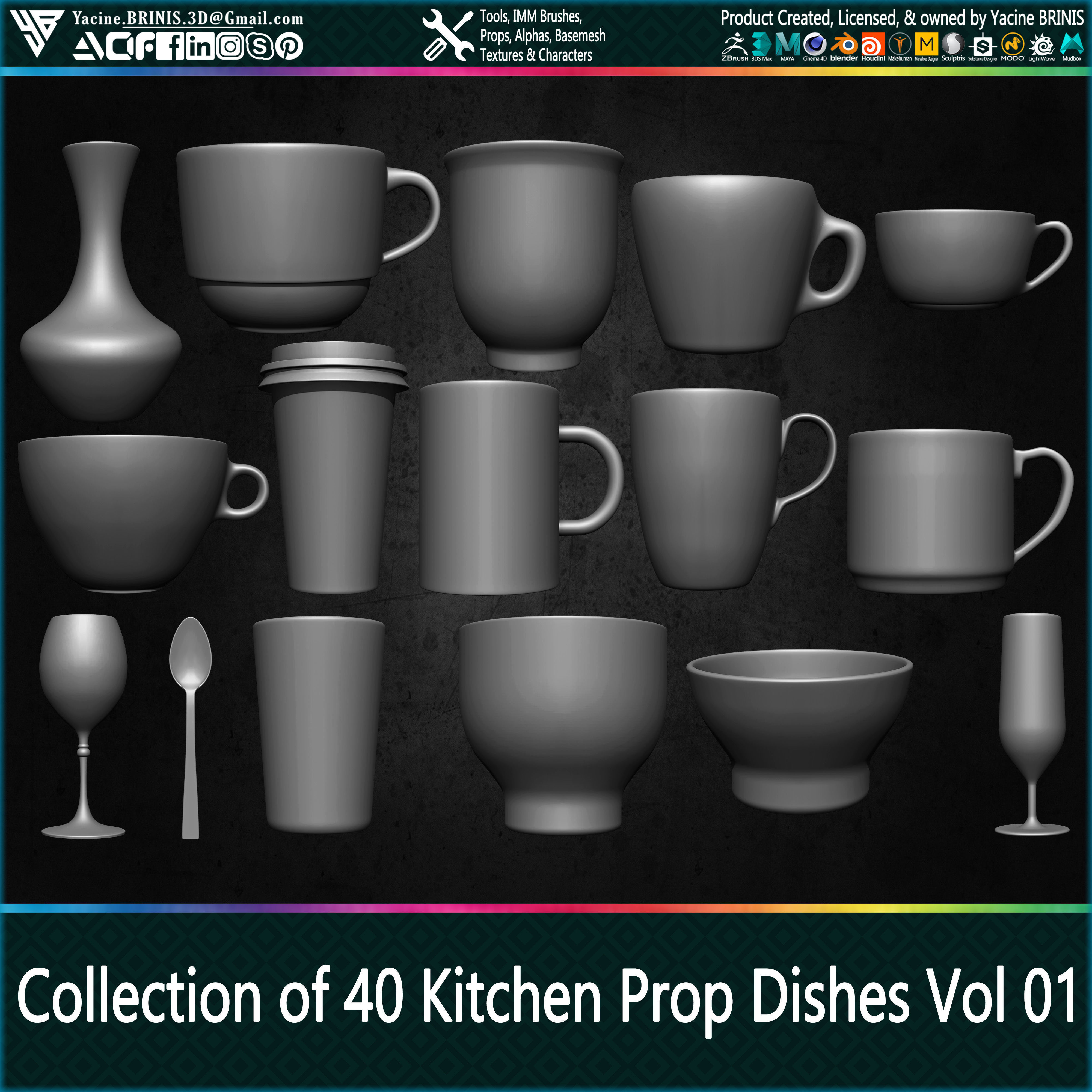Collection of 40 Kitchen Prop Dishes Vol 01 Low-poly 3D model_7