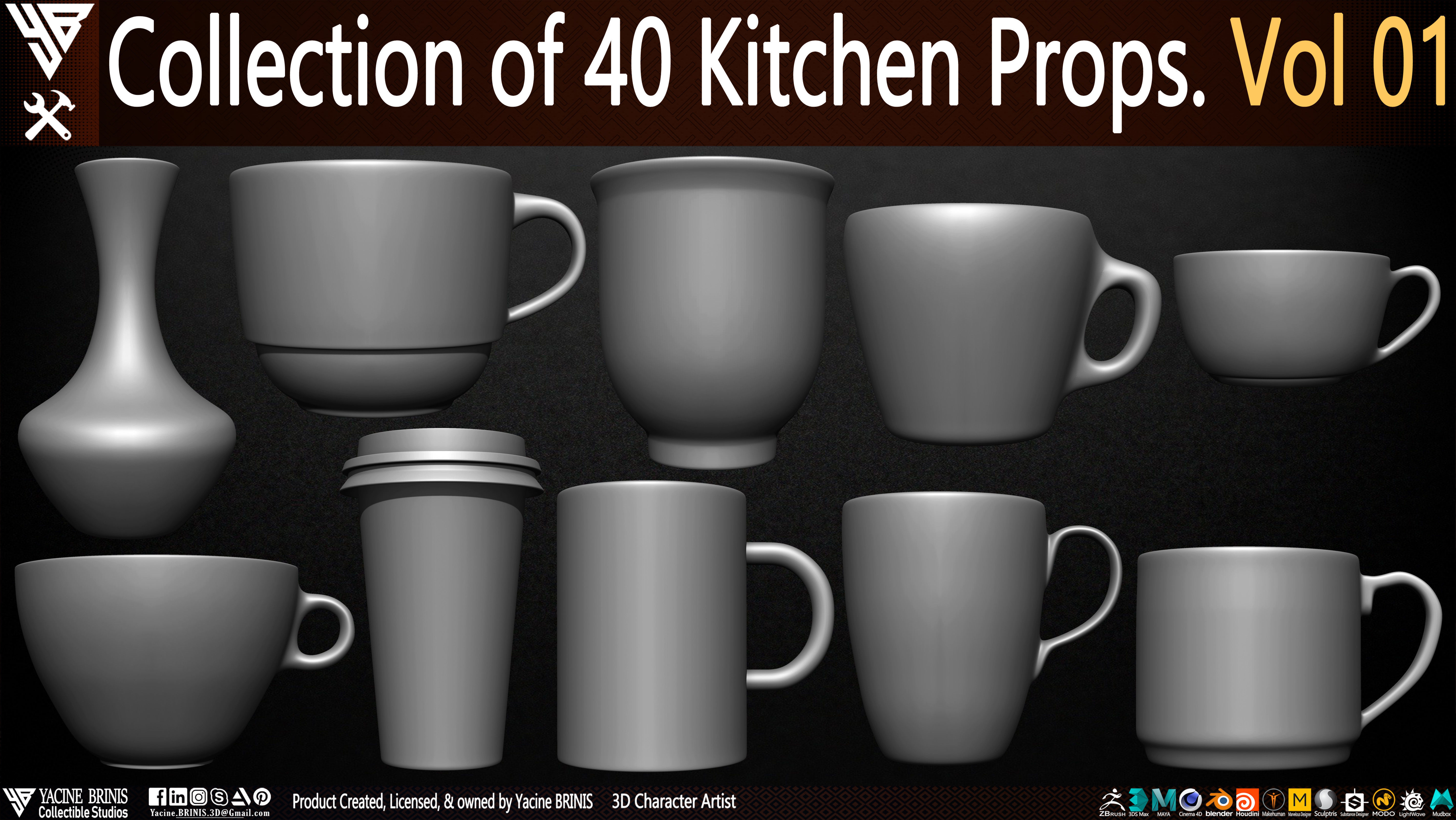 Collection of 40 Kitchen Prop Dishes Vol 01 Low-poly 3D model_1