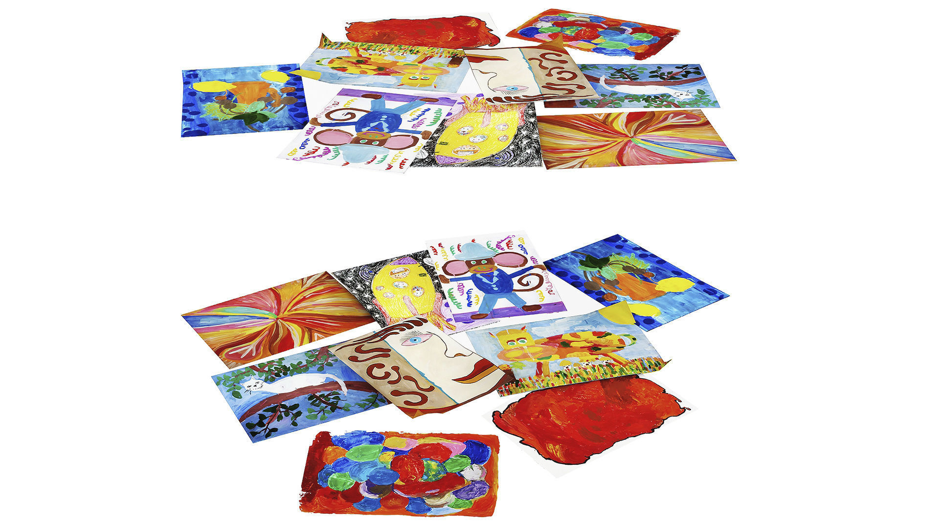 Pack of childrens drawings in gouache Low-poly 3D model_1