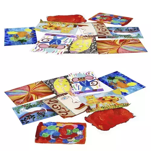 Pack of childrens drawings in gouache Low-poly 3D model