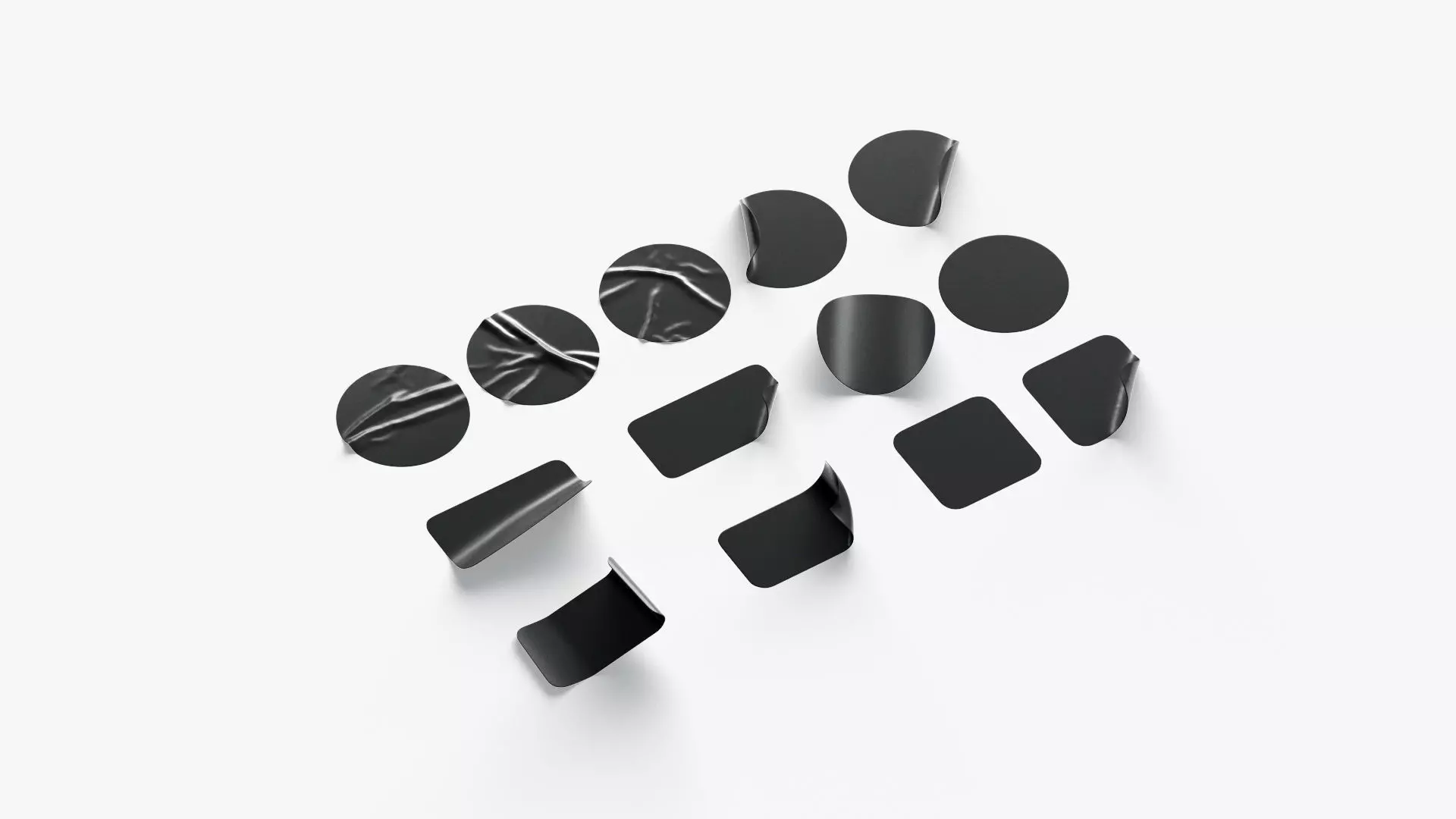 Black Stickers Set - 13 adhesive round and square sticky labels Low-poly 3D model_0
