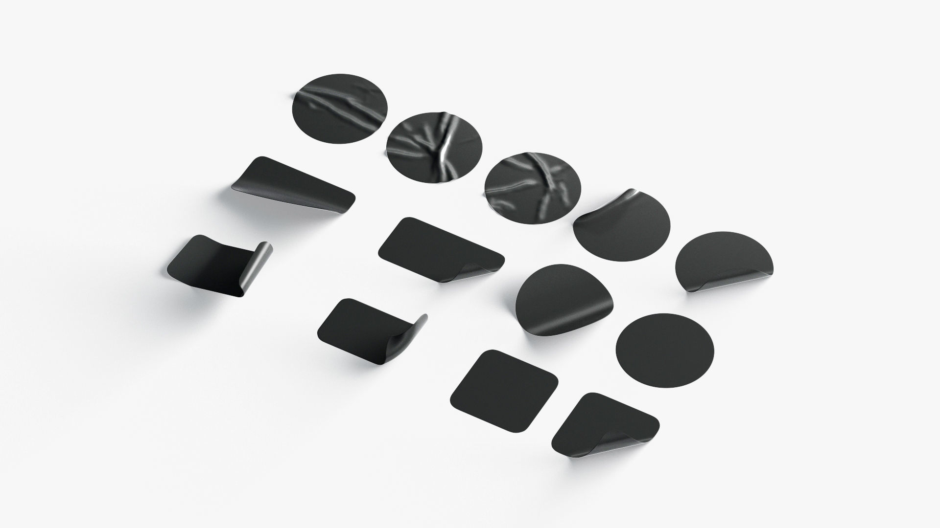 Black Stickers Set - 13 adhesive round and square sticky labels Low-poly 3D model_2