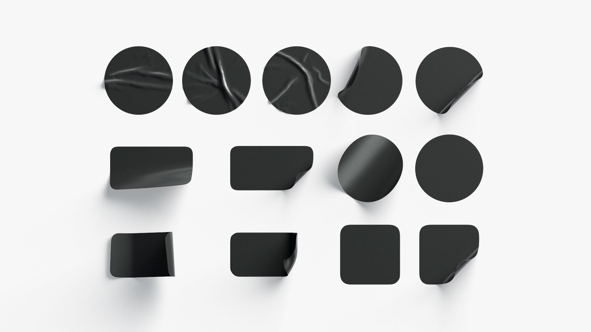 Black Stickers Set - 13 adhesive round and square sticky labels Low-poly 3D model_1