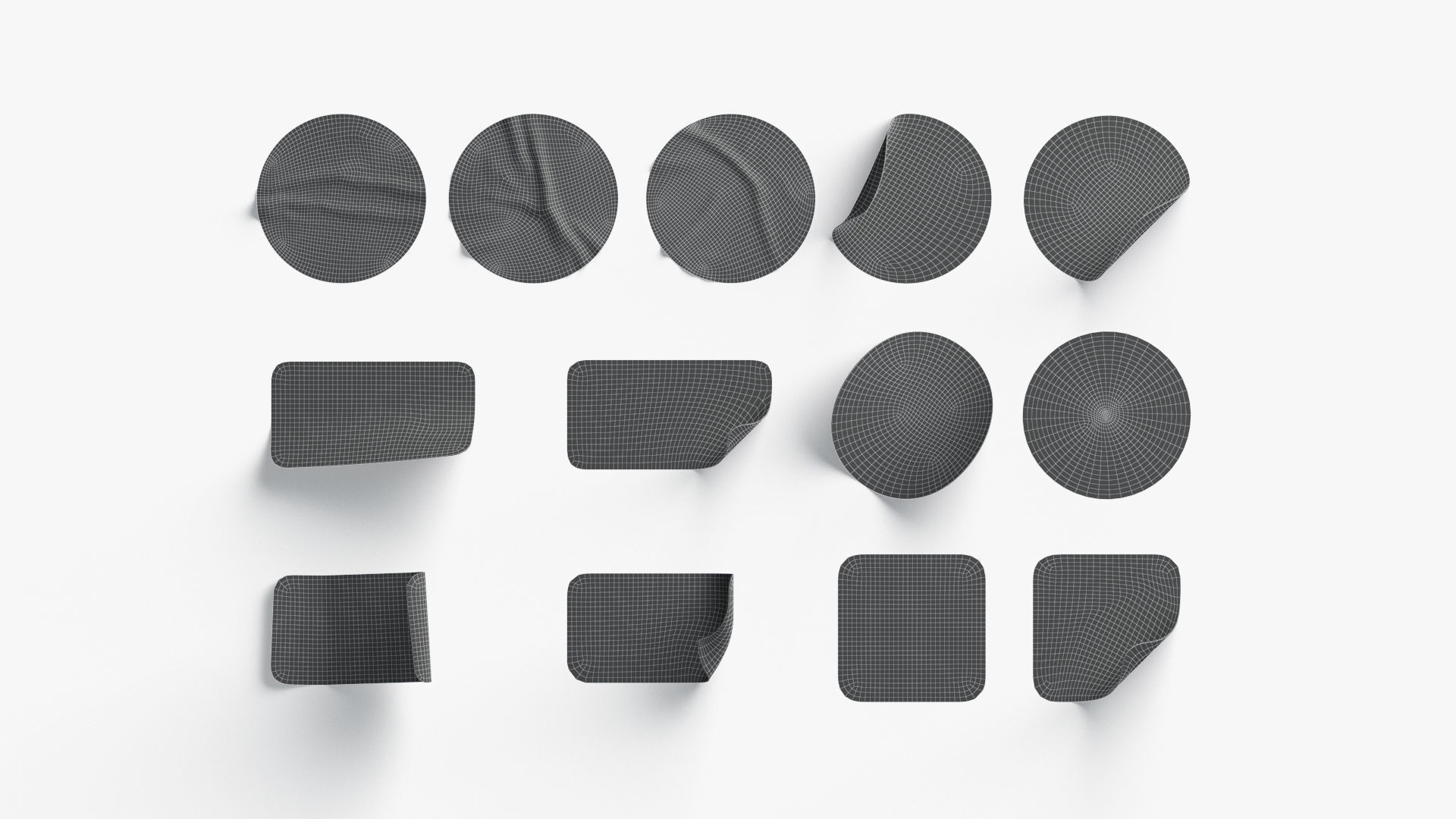 Black Stickers Set - 13 adhesive round and square sticky labels Low-poly 3D model_5