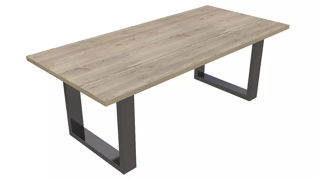 wooden table black metal base 3D model_0