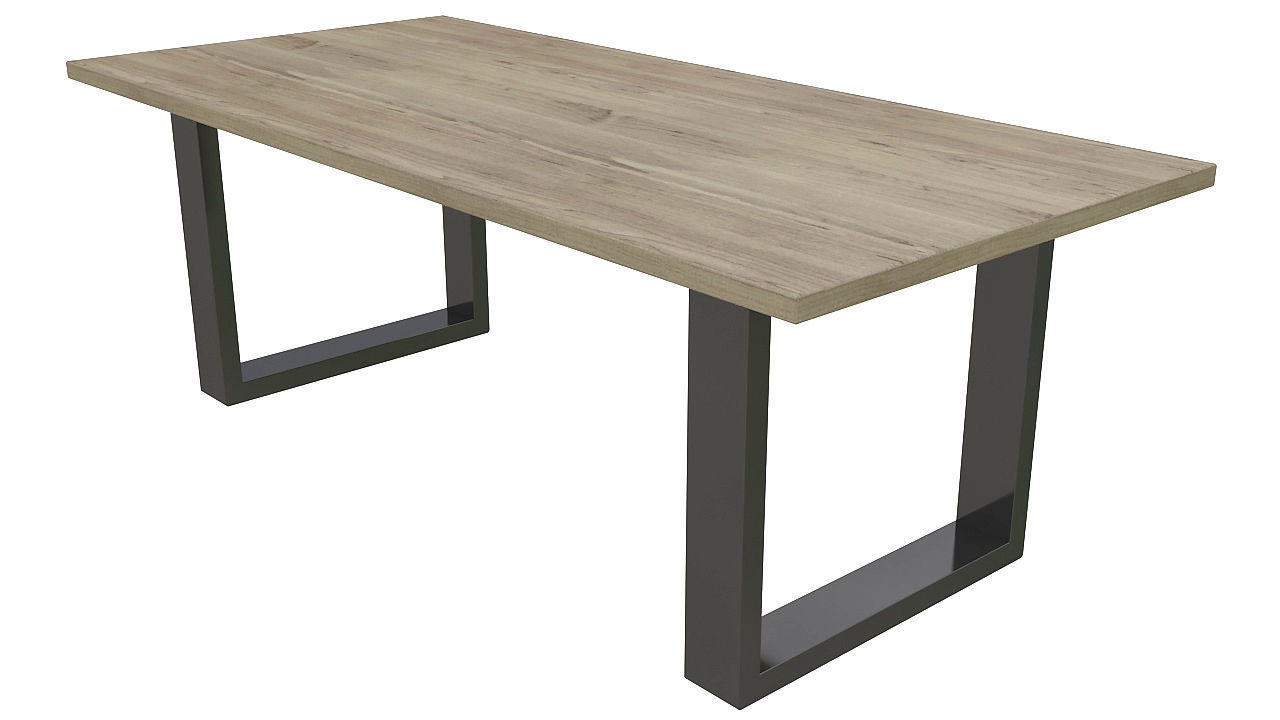 wooden table black metal base 3D model_4