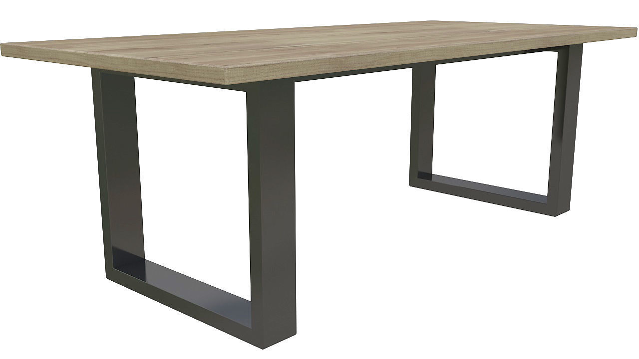 wooden table black metal base 3D model_2
