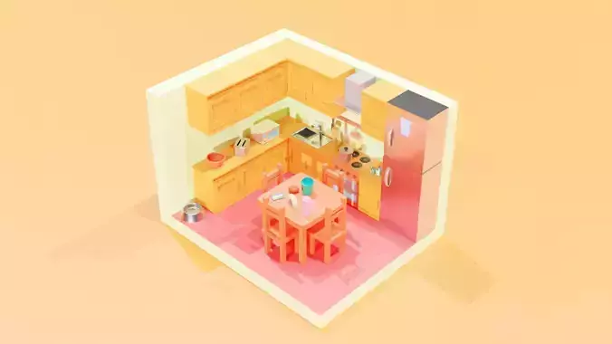 Kitchen 3d model with table and chairs