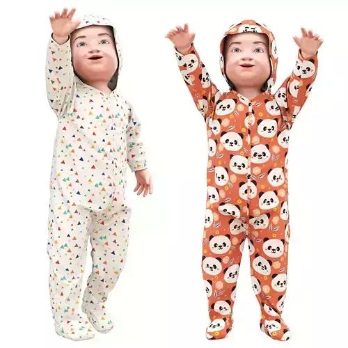 Child baby romper onesie panda bear hooded pajama set 3D model