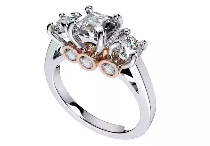 Cushion Side Round Diamonds Trilogy Engagement Ring - TCSRD-ST  3D print model