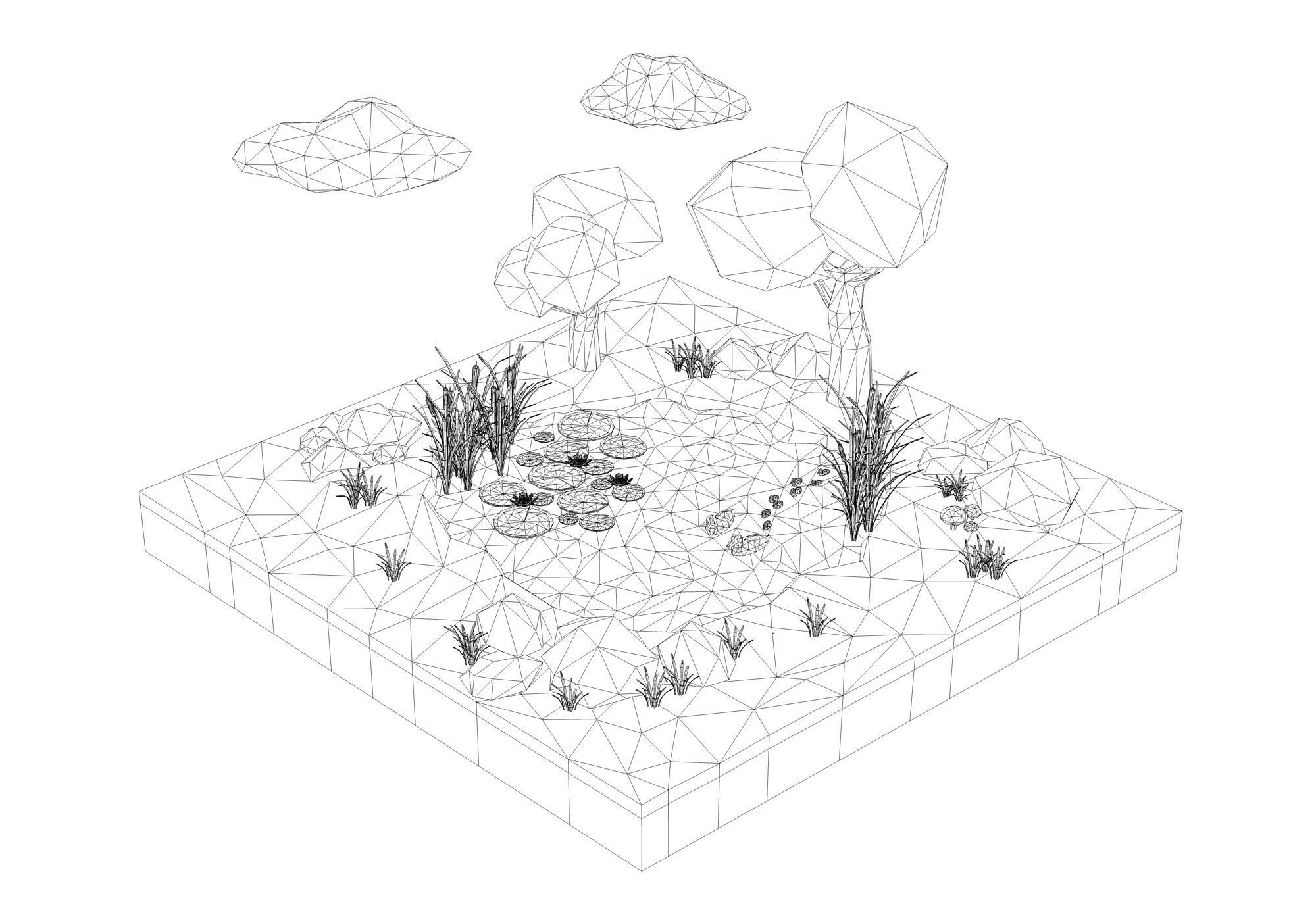 Lake low poly island with trees and pond Low-poly 3D model_3