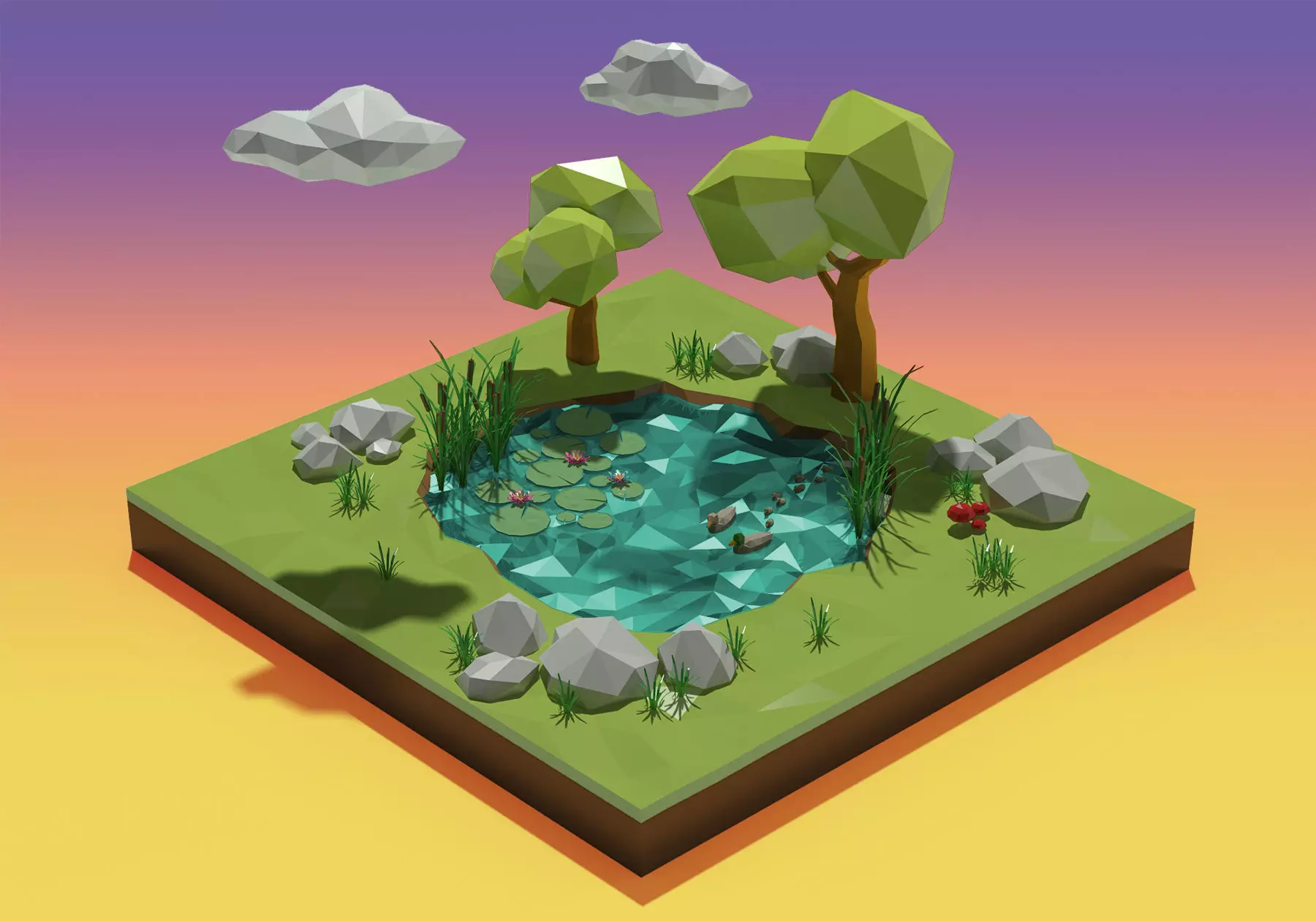 Lake low poly island with trees and pond Low-poly 3D model_0