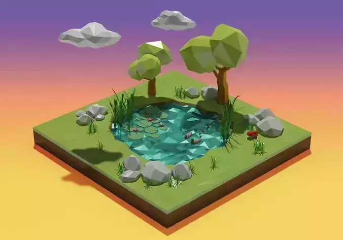 Lake low poly island with trees and pond Low-poly 3D model