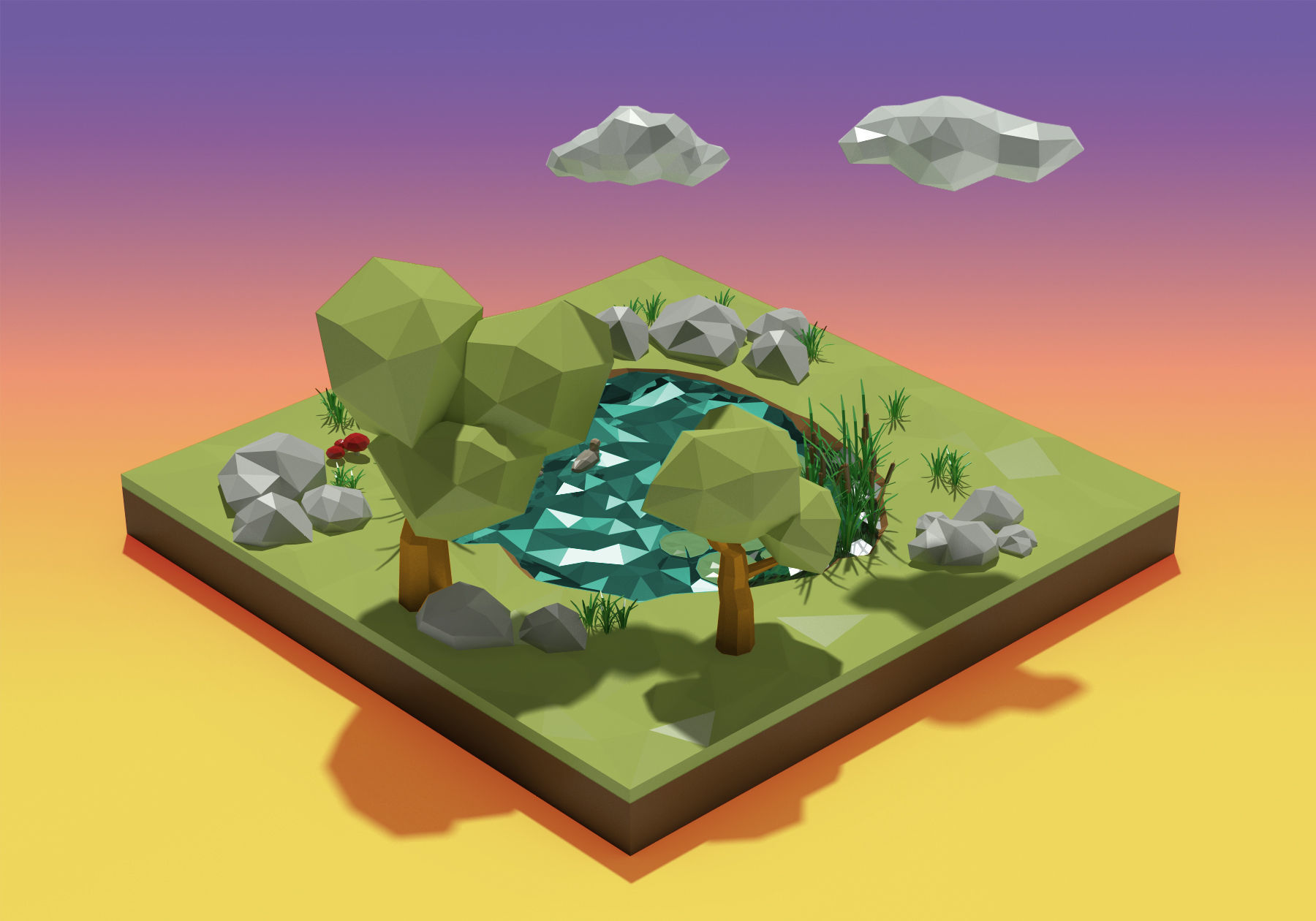 Lake low poly island with trees and pond Low-poly 3D model_1