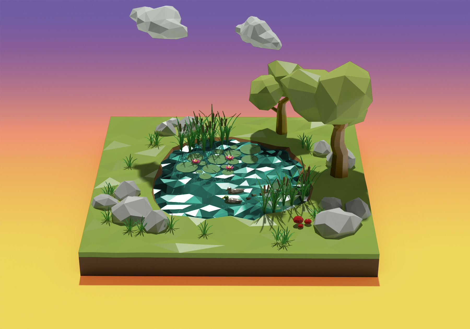 Lake low poly island with trees and pond Low-poly 3D model_2