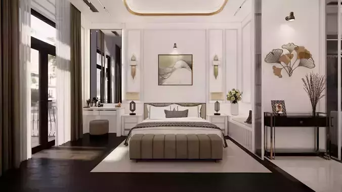 Bedroom with walls and gold accents