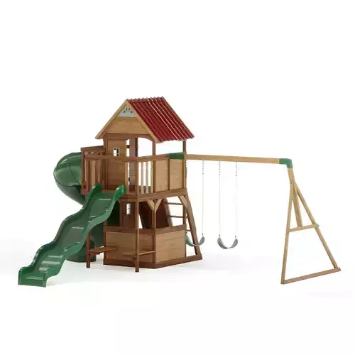 Childrens Playhouse with slides swings climbing wall and ladder 