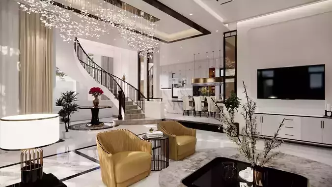 Interior elegant living room with staircase