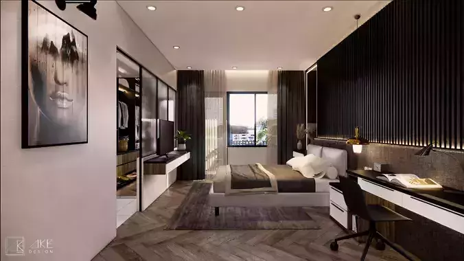 bedroom modern with walls and wooden floors