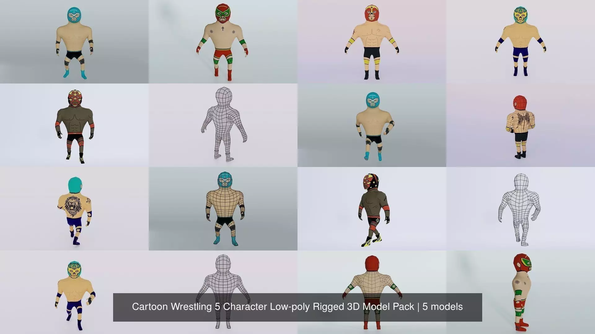 Cartoon Wrestling 5 Character Low-poly Rigged 3D Model Pack 3D Model Collection_1