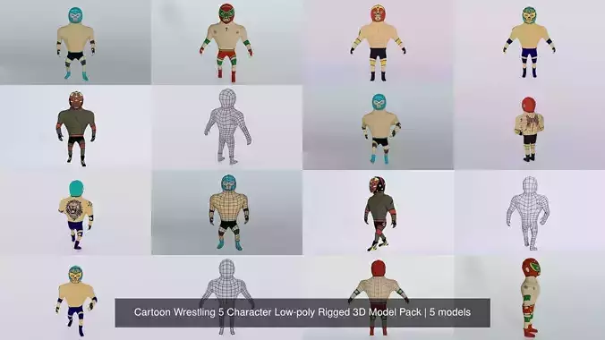 Cartoon Wrestling 5 Character Low-poly Rigged 3D Model Pack