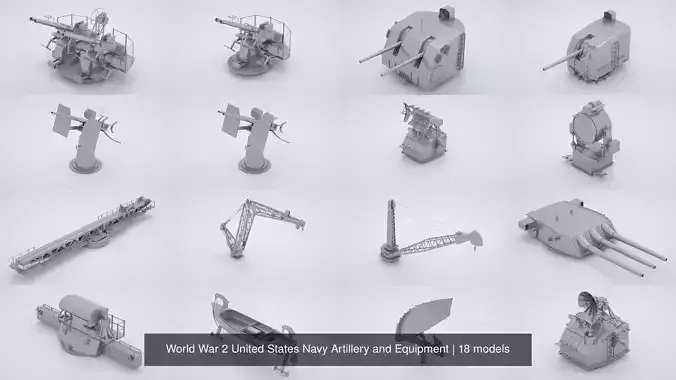World War 2 United States Navy Artillery and Equipment 3D Model Collection