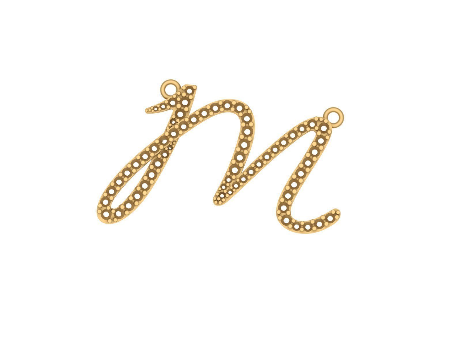M Letter 3D print model gold charm with diamonds 3D print model_2