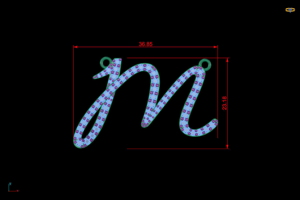 M Letter 3D print model gold charm with diamonds 3D print model_14