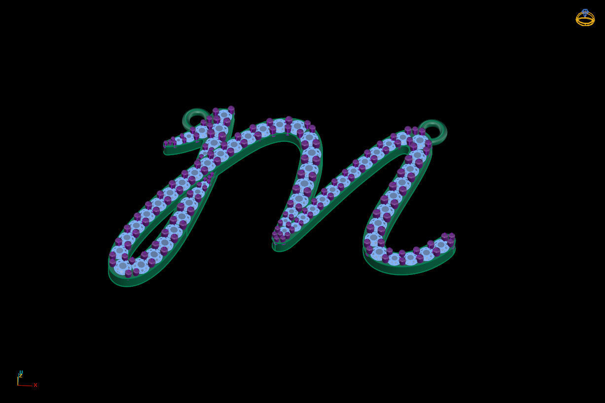 M Letter 3D print model gold charm with diamonds 3D print model_7