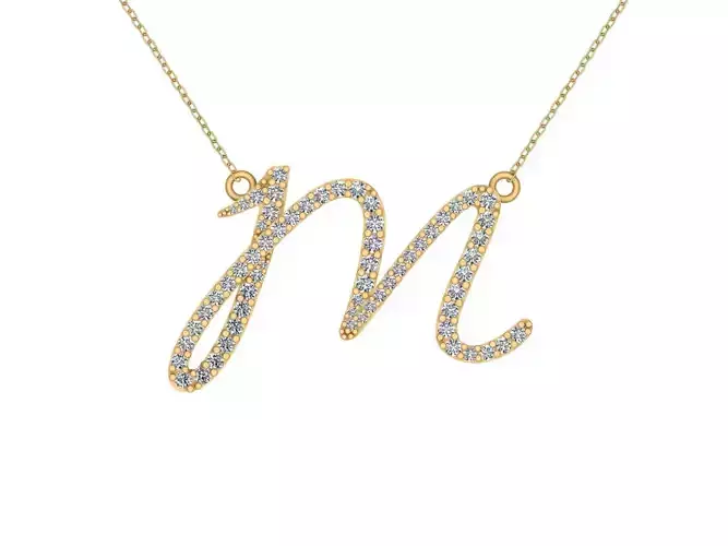 M Letter 3D print model gold charm with diamonds