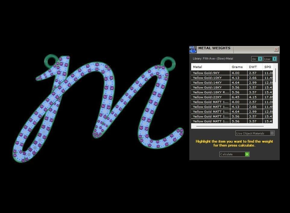 M Letter 3D print model gold charm with diamonds 3D print model_9