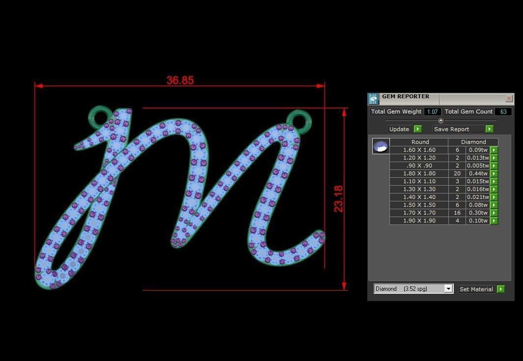 M Letter 3D print model gold charm with diamonds 3D print model_4