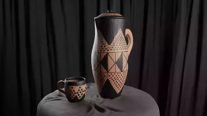 Clay ceramic jug and mug 3D model