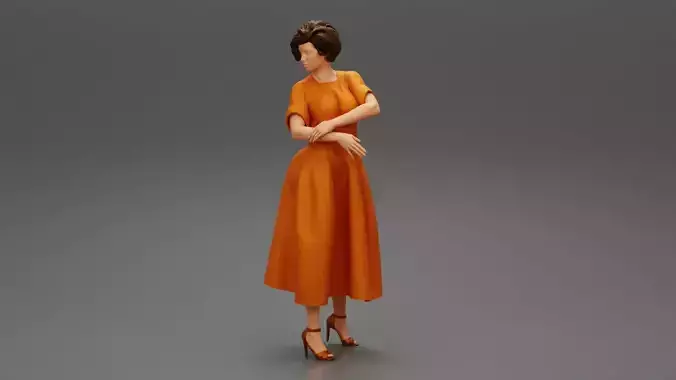 Beautiful Woman Curly Short Hair wearing classic Dress and Heels 3D print model